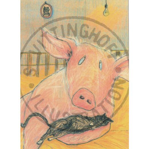 Schwein mit Katze Postkarte