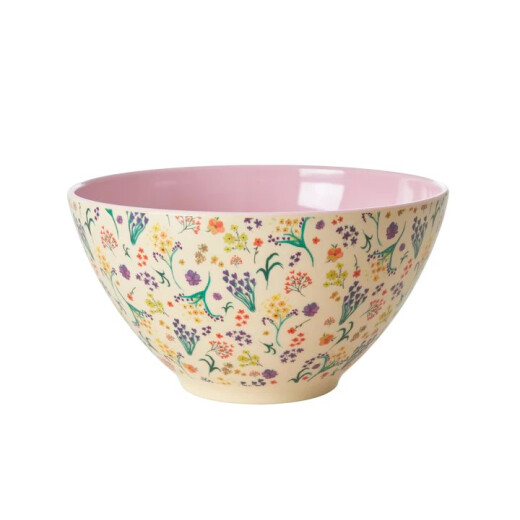 Salatschüssel Wild Flower Melamin Rice - Große Hohe Schüssel mit buntem Blumenmuster und rosa innenseite für Party, Picknick und Alltag