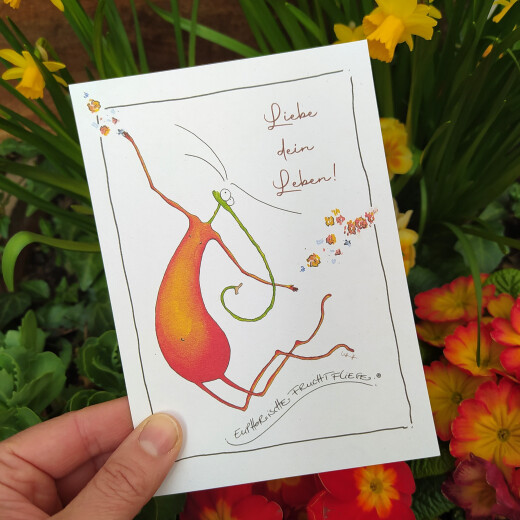 Postkarte mit Spruch - Liebe dein Leben | Euphorische Fruchtfliege