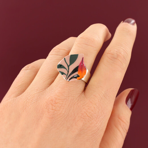 Taratata Amazone Ring - versilberter Ring mit handbemaltem Blattmotiv