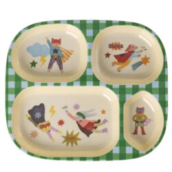 Rice - Kinderteller mit 4er-Einteilung  | Hero Grün - Süßer Melaminteller für Kleinkinder