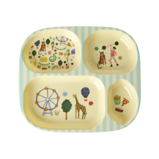 Rice Kinderteller mit 4-er Einteilung | Fun Fair Print - Zirkus Teller aus Melamin in Blau