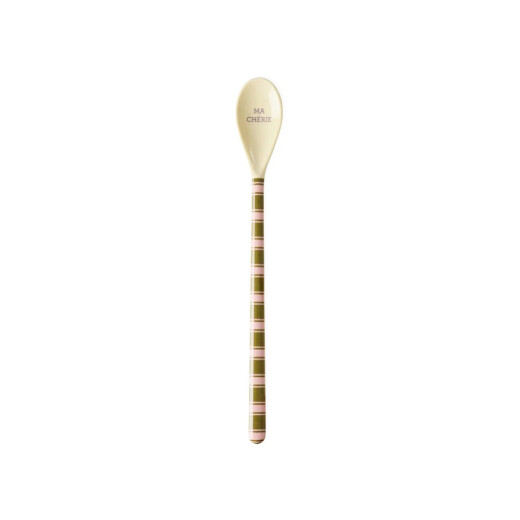 Stripe Delight | Latte Löffel Olivgrün-Rosa Gestreift mit Ma Chérie Schriftzug | Melamin Löffel Groß | Rice - Süßer Langstieliger Löffel mit Streifen und französischem Spruch