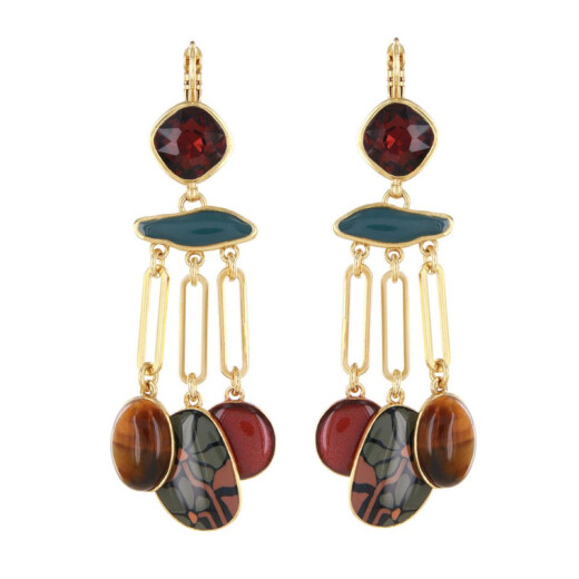Art Nouveau VIII | Ohrhänger | Taratata - Lange Ohrringe mit glänzendem Schmuckstein und Tigerauge, organischen Formen, Vergoldeten Details